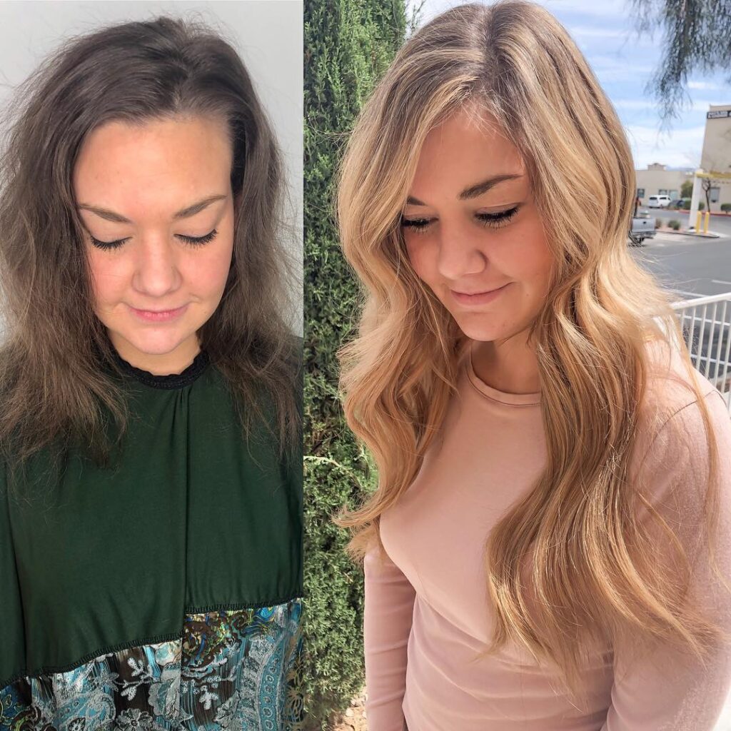 Before & After Balayage Tape In Hair Extensions Installed On Women in Las Vegas
