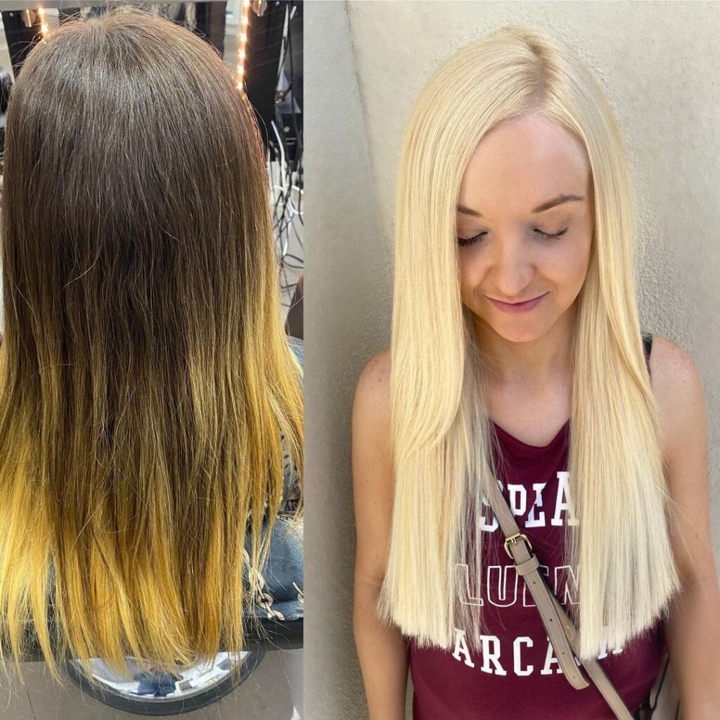 Light Blonde Russian Virgin I-Tip Hair Extensions Install on Las Vegas Women - Before & After