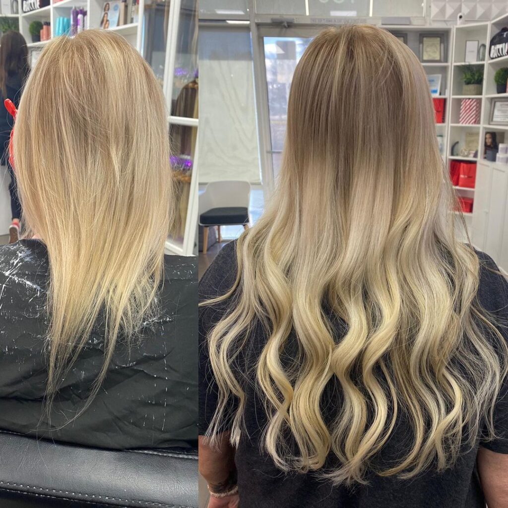 Blonde Ombre I-Tip Hair Extensions Install on Las Vegas Women - Before and After