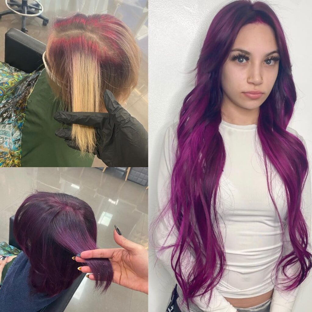 Before & After Tape In Hair Extensions Installed on Women in Las Vegas With Custom Purple Color