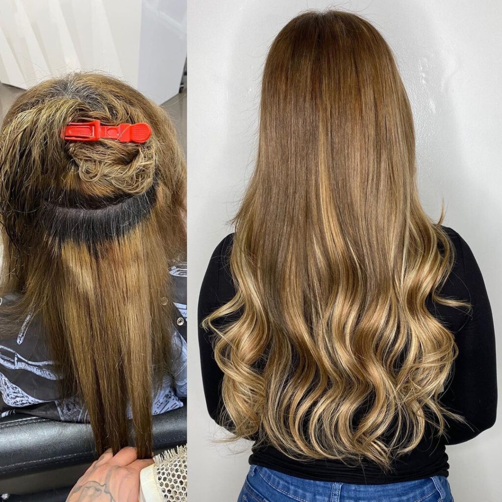 Before and After Install of Human Hair Extensions by Hottie Hair Salon & Extensions Store Las Vegas