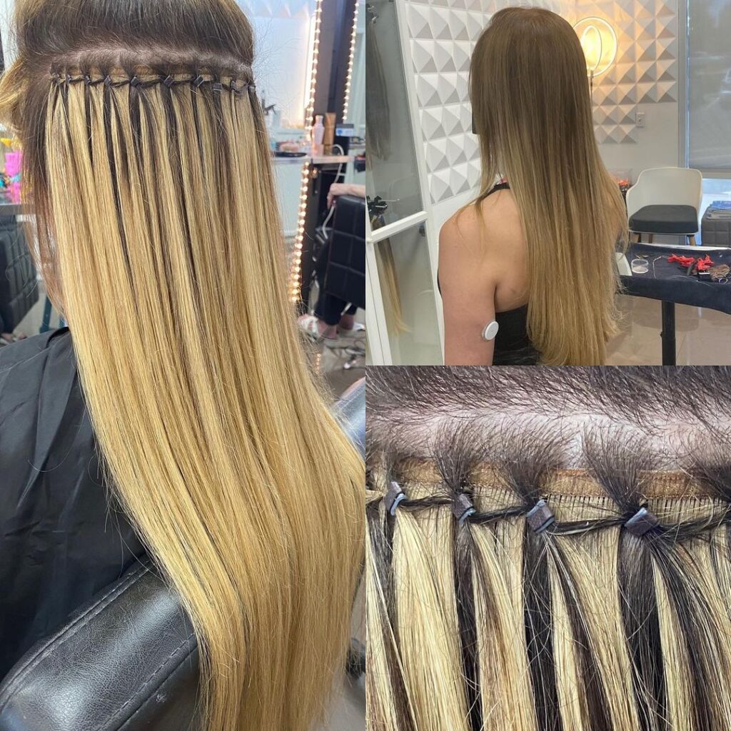 hand tied sew in hair extensions install demo on Las Vegas women - Before & After