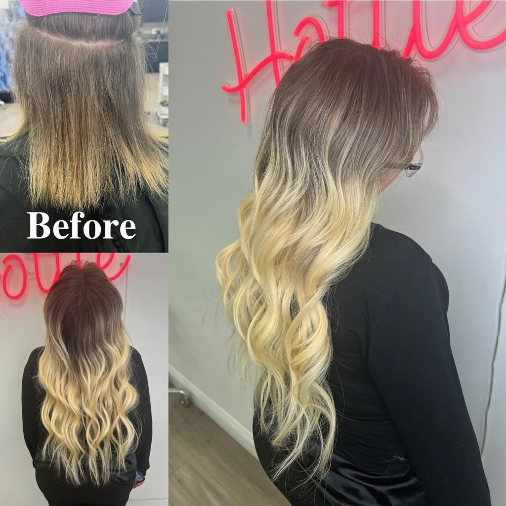 blonde balayage hand-tied weft hair extensions before and after