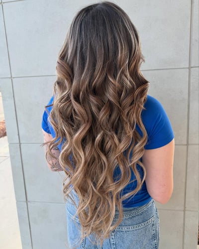 after photo of stunning hair transformation with extensions and balayage hair transformation by Shannon Kedra at Hottie Hair salon Las Vegas - extensions service