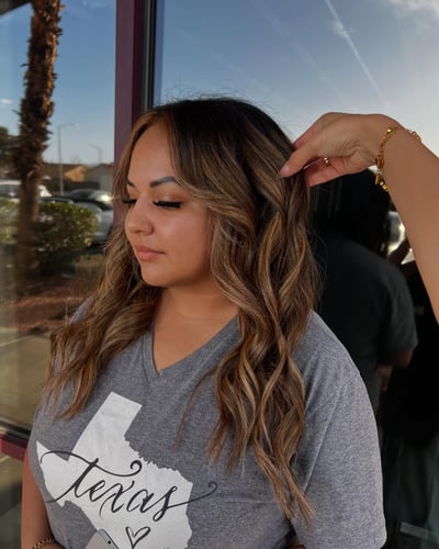 after photo of warm weather hair transformation with balayage hair transformation by Miriam Perez at Hottie Hair salon Las Vegas - color service