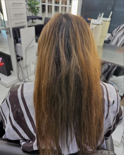 before photo of rich brunette transformation with itip extensions hair transformation by Shannon Kedra at Hottie Hair salon Las Vegas - extensions service