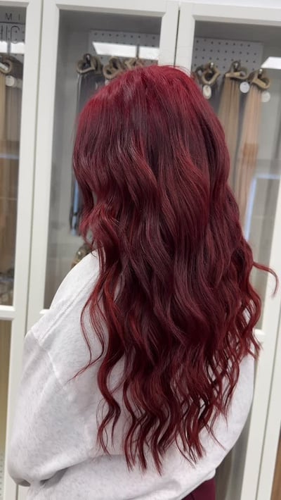 after photo of new year fresh color & weft extensions - deep red transformation hair transformation by Breanna Rainey at Hottie Hair salon Las Vegas - extensions service