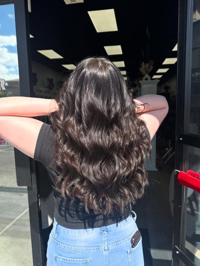 after photo of two row beaded weft extensions with voluminous curls hair transformation by Kayla Burkhart at Hottie Hair salon Las Vegas - extensions service