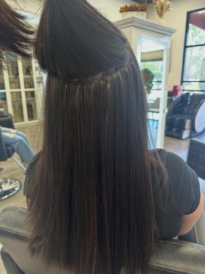 before photo of two row beaded weft extensions with voluminous curls hair transformation by Kayla Burkhart at Hottie Hair salon Las Vegas - extensions service