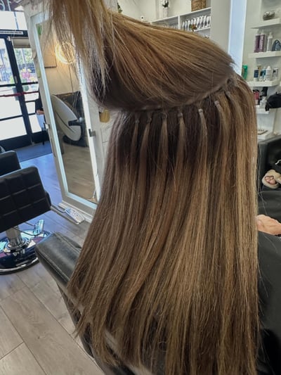 before photo of fresh two row beaded weft extension install hair transformation by Kayla Burkhart at Hottie Hair salon Las Vegas - extensions service