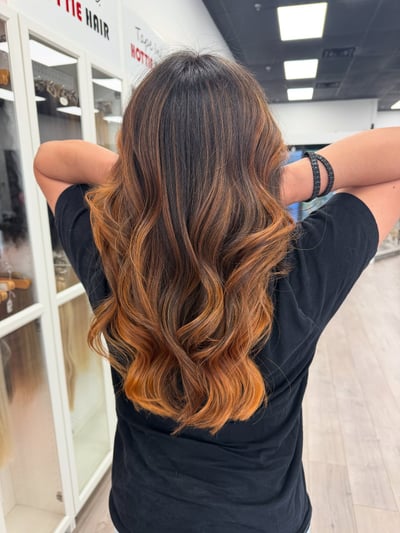 after photo of golden copper transformation hair transformation by Sophia Giraldo at Hottie Hair salon Las Vegas - color service