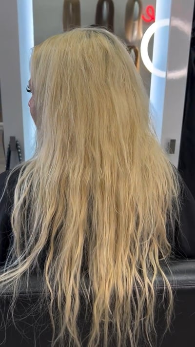 before photo of blonde transformation with dimension hair transformation by Niko Hernandez at Hottie Hair salon Las Vegas - color service