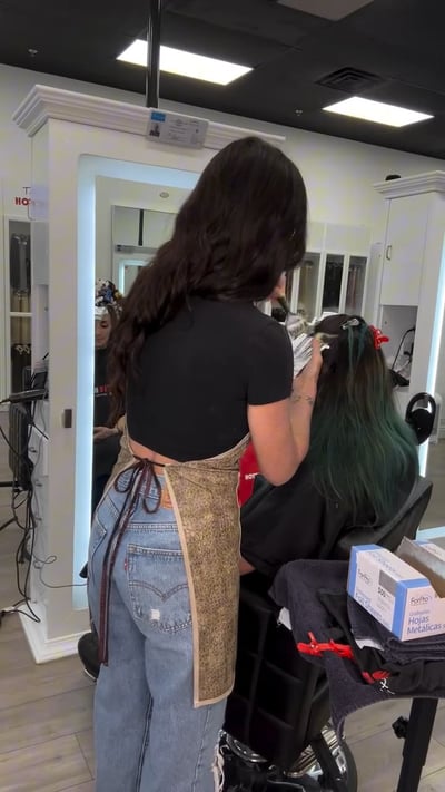 before photo of cosmic collaboration with rainbow hair extensions hair transformation by Niko Hernandez at Hottie Hair salon Las Vegas - extensions service