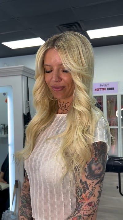 after photo of tattoo barbie hair extensions transformation hair transformation by Niko Hernandez at Hottie Hair salon Las Vegas - extensions service