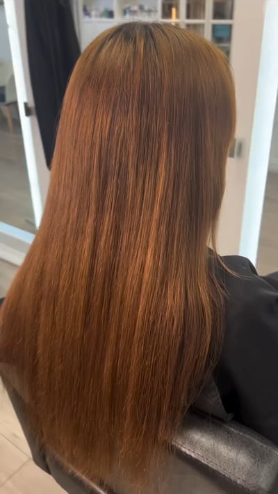 before photo of color correction transformation: from copper red to blonde balayage hair transformation by Niko Hernandez at Hottie Hair salon Las Vegas - color service