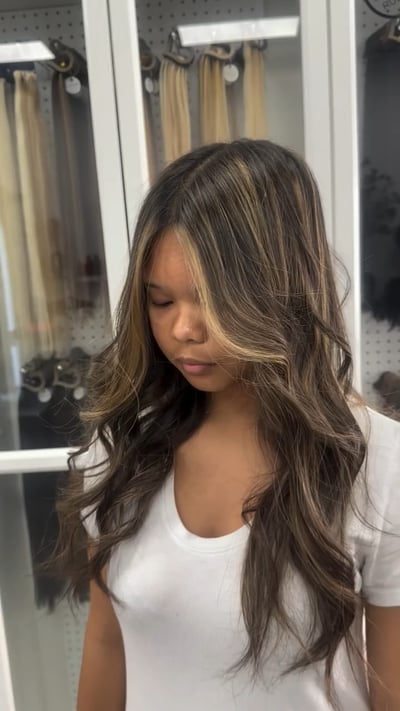 after photo of chic balayage transformation with hottie extensions hair transformation by Jasmine Trejo at Hottie Hair salon Las Vegas - extensions service