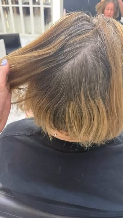 before photo of grey blending correction with hair extensions hair transformation by Shannon Kedra at Hottie Hair salon Las Vegas - color service