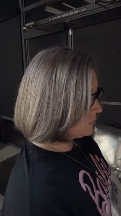 after photo of grey blending correction with hair extensions hair transformation by Shannon Kedra at Hottie Hair salon Las Vegas - color service