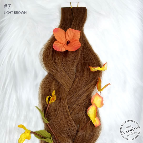 Virgin Tape In Hair Extensions Light Brown 7 Braid Flowers.fw