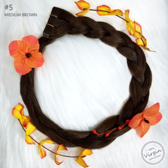 Virgin Tape In Hair Extensions Medium Brown 5 Boho Wreath Braid Flowers.fw