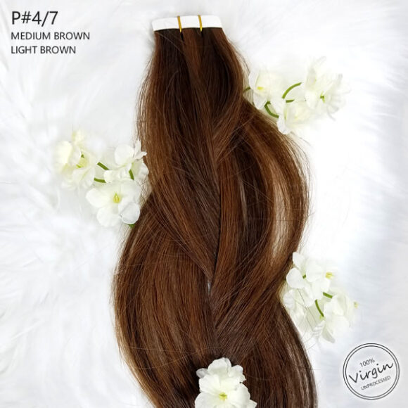 Virgin Tape In Hair Extensions Medium Brown Light Brown 4 7 Braid Flowers.fw