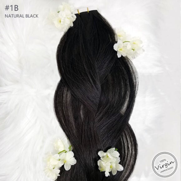 Virgin Tape In Hair Extensions Natural Black 1B Braid Flowers.fw
