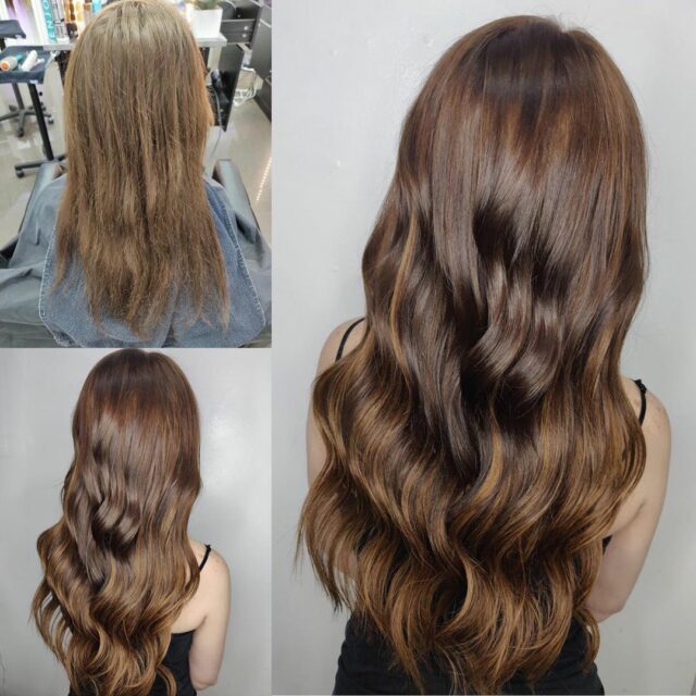 Women Showing Her Highlighted Colored Hair Extensions in Las Vegas at Hottie Hair Salon Las Vegas