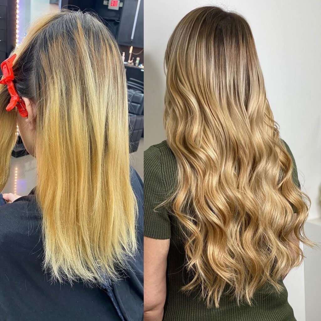 22 Inch Medium Blonde I-Tip Hair Extensions Installed On Women