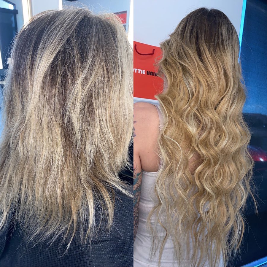 Best Hair Extensions in Henderson NV: Where to Buy 4 24 Inch Medium Blonde Beaded Weft Russian Hair Extensions Installed On Women 1