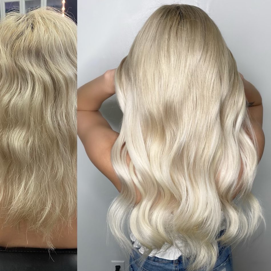 Before & After 22 Inch Platinum Blonde Russian Virgin I-Tip Hair Extensions Installed on Women