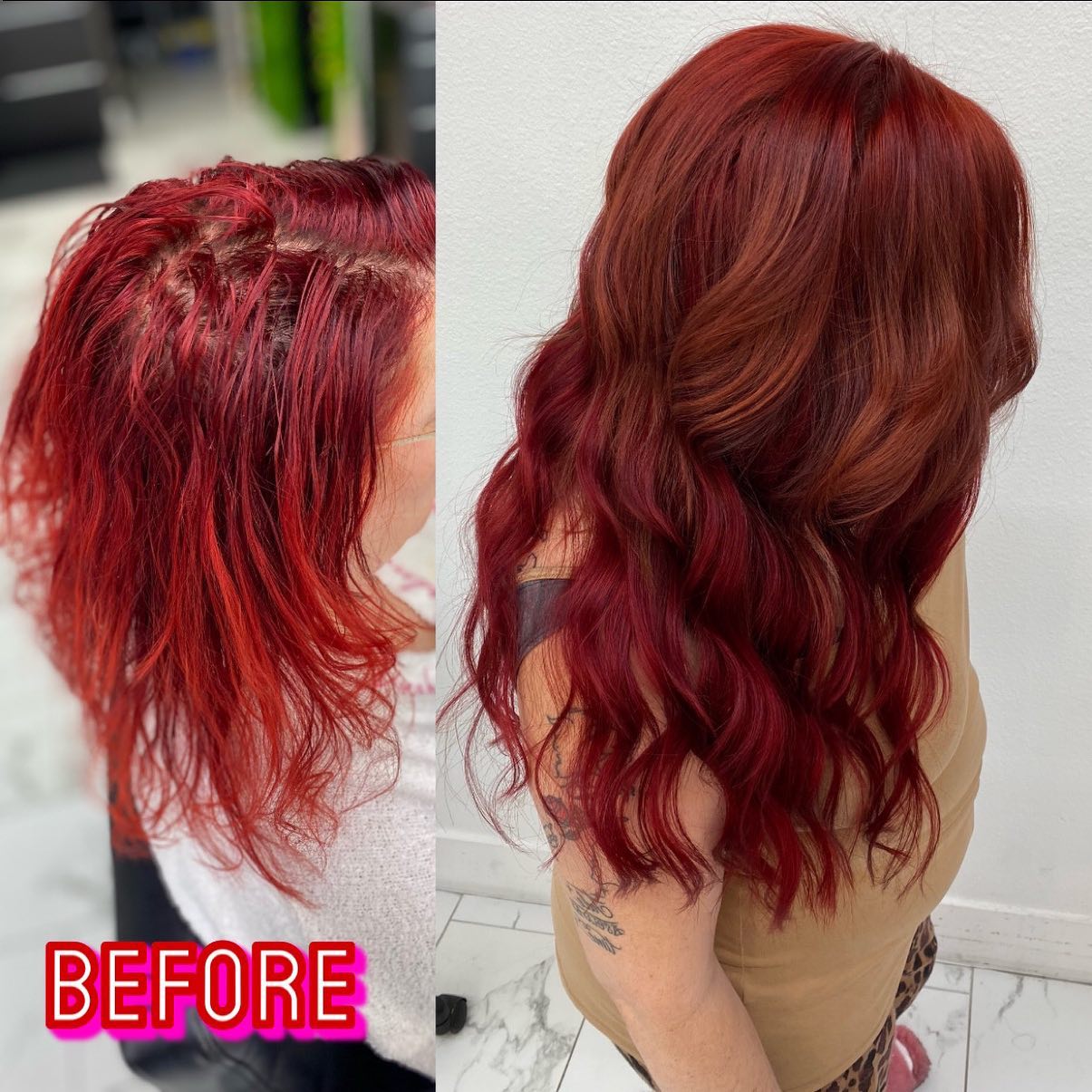 ruby red hand tied weft hair extensions before and after