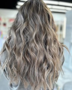 Ash Blonde Balayage Highlights, Beach Wave Blowout and the Perfect Haircut on this Lovely Las Vegas Women