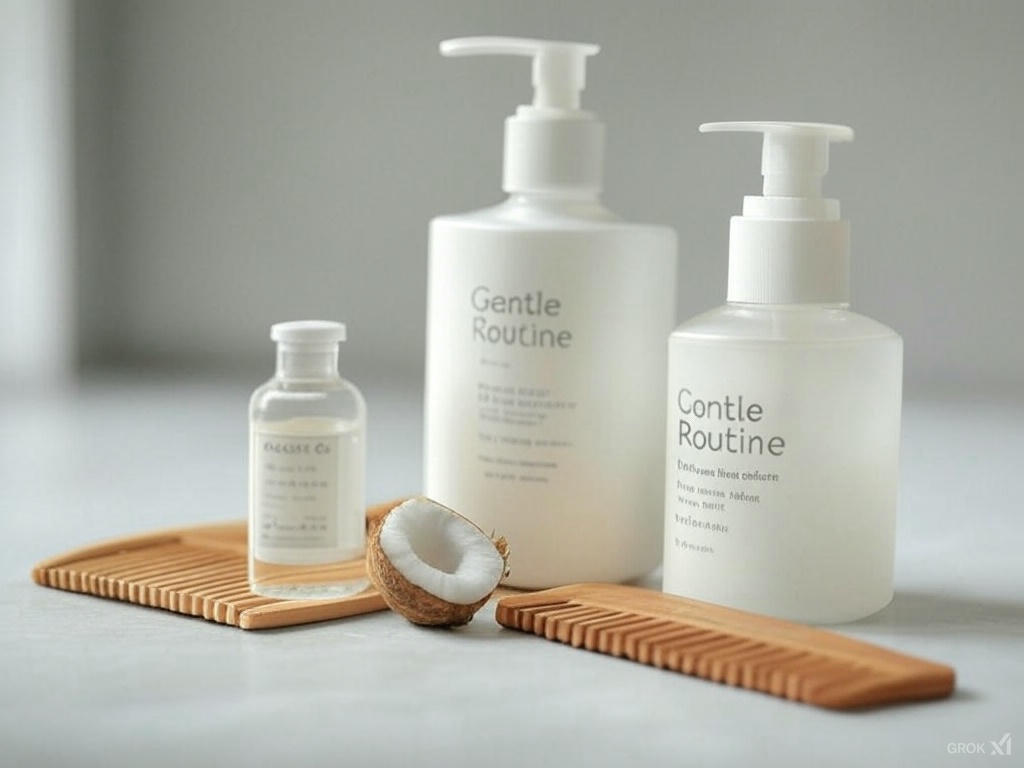 Post-Extreme Weight Loss Hair Loss: Causes, Solutions, and Prevention 4 Gentle Hair Care Products - A flat-lay photo of sulfate-free shampoo, conditioner, and a natural oil bottle (e.g., coconut oil) alongside a wooden comb, labeled “Gentle Routine.”
