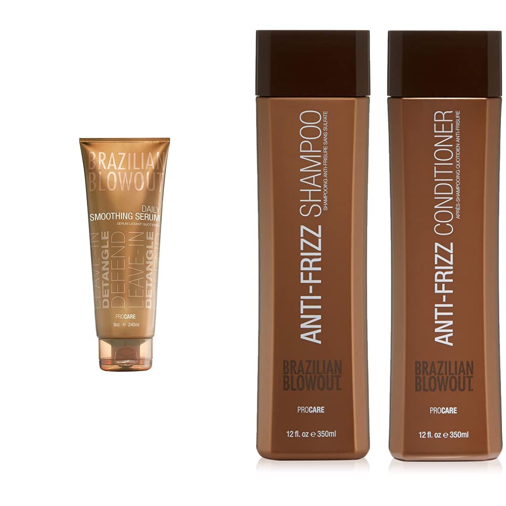 Brazilian Blowout Açai Aftercare Anti-Frizz Shampoo, Conditioner, and Daily Smoothing Serum showcased on a clean white background, infused with Brazilian Super-Nutrient Complex to maintain smooth, frizz-free, and radiant hair.