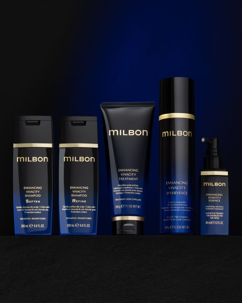 MILBON Enhancing Vivacity at-home hair care collection, featuring Vivacity Shampoo, Treatment, and Essence, elegantly displayed on a bathroom counter, crafted to enhance hair vibrancy, shine, and overall vitality.